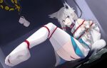  1girl animal_ears arms_behind_back azur_lane bdsm blue_eyes blush bondage bound bound_toes broken_glass chain chimu_xingcheng cloth_gag collar crotch_rope detached_sleeves flower fox_ears fox_girl fox_tail gag gagged geta glass grey_hair hair_between_eyes hair_flower hair_ornament hair_ribbon highres improvised_gag indoors japanese_clothes kawakaze_(azur_lane) kawakaze_(unsullied_white_fox)_(azur_lane) kimono long_sleeves obi on_floor ribbon saliva sash sitting soles solo tabi tail tears tentacles thighhighs uchikake white_thighhighs wide_sleeves 