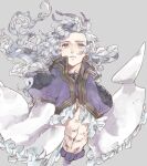  1boy abs closed_mouth crop_top cropped_jacket final_fantasy final_fantasy_ix floating_hair frilled_shirt frills gold_trim grey_background grey_eyes grey_hair highres jacket kuja long_hair looking_up male_focus midriff otoko_no_ko purple_jacket shirt solo upper_body wavy_hair white_shirt wide_sleeves yoshidaaaan 