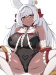  1girl animal_ears black_leotard blush bow bowtie breasts brown_leotard coat_partially_removed covered_navel dark_skin frilled_thighhighs frills frontal_wedgie granblue_fantasy hair_ribbon highres large_breasts leotard long_hair looking_at_viewer m_legs makura_(granblue_fantasy) rabbit_ears rabbit_girl red_eyeliner ribbon thigh_bow thighhighs toyo_(c8) white_bow white_bowtie white_thighhighs yellow_eyes 