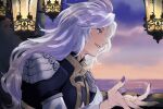  1boy armor bishounen black_jacket blue_eyes cropped_jacket facing_to_the_side feather_hair_ornament feathers final_fantasy final_fantasy_ix gold_trim grey_hair hair_ornament highres jacket kuja lantern long_hair male_focus nail_polish night night_sky ocean open_mouth otoko_no_ko parted_bangs purple_nails shoulder_armor sky smile solo upper_body yoshidaaaan 