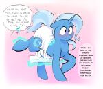  blue_body blue_hair blue_tail blush blush_lines cutie_mark dialogue diaper digital_media_(artwork) embarrassed english_text equid equine female feral friendship_is_magic hair hasbro hi_res horn magic mammal my_little_pony purple_eyes sheepypeepy solo tail text trixie_(mlp) unicorn wavy_mouth 