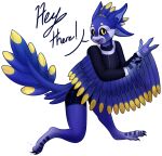 2024 alpha_channel anthro avali avian black_claws black_sclera black_scutes blonde_eyebrows blonde_hair blue_body blue_ears blue_feathers blue_inner_ear_fluff blue_tail blue_tail_tuft blue_wings claws clothed clothed_anthro clothed_male clothing dialogue dipstick_tail eyebrows feather_hair feathered_wings feathers finger_claws fully_clothed_anthro fully_clothed_male hair happy hi_res inner_ear_fluff male male_(lore) male_anthro markings open_mouth pawpads pseudo_hair purple_insides purple_mouth purple_pawpads purple_tongue scuted_feet scuted_hands scutes signature simple_background smile solo tail tail_markings tail_tuft talking_to_viewer tenyi_(cobalt_the_jackal) toe_claws tongue transparent_background tuft white_body white_feathers white_inner_ear winged_arms wings yellow_body yellow_eyes yellow_feathers yellow_tail_tip yellow_wings yooney_tunes_moth