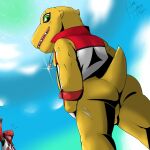  absurd_res agumon anthro backsack balls bandai_namco bottomless butt claws clothed clothing digimon digimon_(species) duo genitals green_eyes heibanhikaru hi_res looking_at_viewer low-angle_view male red_body scalie scar shoutmon topwear vest yellow_body 
