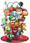  1girl animal banana blue_eyes captain_falcon donkey_kong facial_hair food fox_mccloud fruit gloves green_eyes green_headwear hat helmet highres jigglypuff kirby link looking_at_viewer luigi mario master_hand metal_mario multiple_boys mustache ness_(mother_2) nintendo pikachu rariatto_(ganguri) red_headwear samus_aran super_smash_bros. super_smash_bros._logo white_background white_gloves yoshi 