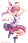  2023 animal_ears ankle_boots arms_up bangs black_dress black_footwear blunt_bangs boots bunny_pose chinese_zodiac commentary_request dress fake_animal_ears floating highres kemurikusa legs_up looking_at_viewer maid_headdress medium_dress medium_hair new_year open_mouth rabbit_ears red_eyes red_hair rina_(kemurikusa) simple_background sleeveless sleeveless_dress smile suga_masashi twintails white_background year_of_the_rabbit 