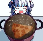  1girl boiling closed_eyes cooking_pot downvote_(downvote_me) facing_viewer food gawr_gura grey_hair hair_ornament hololive hololive_english medium_hair multicolored_hair open_mouth pizza shark_hair_ornament simple_background smile solo streaked_hair two-tone_hair virtual_youtuber white_background 