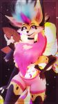 3d_(artwork) 4_hands absurd_res anthro arthropod bee black_choker black_jewelry black_necklace blender_(artwork) blue_hair border bottomwear breasts canid canine choker cleavage_cutout clothing contrapposto cutout digital_media_(artwork) fingerless_(marking) fingerless_gloves_(marking) fox gesture gloves_(marking) hair hand_gesture hand_on_hip heart_cutout helluva_boss hi_res hybrid hymenopteran insect insect_wings jewelry mammal markings medium_breasts multi_hand multicolored_hair necklace pink_bottomwear pink_clothing pink_eyes pink_shirt pink_shorts pink_topwear queen_bee-lzebub_(helluva_boss) raised_finger raised_index_finger shirt shorts smile smiling_at_viewer sparkles springycharna topwear torn_clothing torn_shirt torn_topwear wings