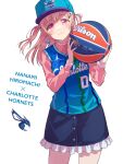  1girl air_jordan ball bang_dream! baseball_cap basketball basketball_jersey blue_headwear blue_shirt blue_skirt butterfly_earrings cat_hair_ornament charlotte_hornets earrings floating_hair frilled_skirt frills hair_ornament hat head_tilt highres hiromachi_nanami holding holding_ball jewelry long_hair national_basketball_association pink_eyes pink_hair pink_sweater shirt skirt smile solo sweater two_side_up yazawa_happyaro 