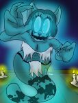 anthro big_butt big_ears blue_eyes breasts butt candle candlelight candlestick claws cleavage clothed clothing crazy_8_animations creepy_face creepy_smile eyelashes female floor ghost ghost_tail glowing glowing_eyes hair halloween holidays legless lemur light mammal no_pupils primate simple_background smile solo spirit strepsirrhine tail thick_thighs torn_clothing translucent wood wood_floor zephyr_the_ghost_lemur