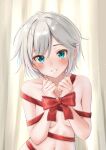  1girl absurdres anastasia_(idolmaster) blush bound bound_wrists breasts breasts_apart ca_paria collarbone commentary_request convenient_arm curtains grey_hair highres idolmaster idolmaster_cinderella_girls indoors looking_at_viewer medium_breasts naked_ribbon navel red_ribbon ribbon short_hair smile solo straight-on upper_body 