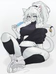  absurd_res anthro breasts clothed clothing felid feline female hair hi_res looking_at_viewer mammal simple_background solo spread_legs spreading white_background white_body white_hair yoru_vida 