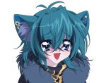 1boy 2000s_(style) animal_ear_fluff animal_ears bangs black_jacket blue_eyes blue_hair blue_scarf cat_ears charles_caitou commentary fang fur_scarf hair_between_eyes jacket luanjro male_focus metanoia_live open_mouth portrait scarf skin_fang smile solo symbol-only_commentary tearing_up transparent_background virtual_youtuber 
