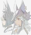  2boys animal_ear_fluff animal_ears animal_ears_helmet animal_helmet black_hair bob_cut commentary_request cropped_torso cyno_(genshin_impact) fake_animal_ears fox_ears from_side frown genshin_impact green_eyes green_hair grey_hair grey_shirt hair_between_eyes hair_over_shoulder long_hair looking_at_viewer male_focus medium_hair multicolored_hair multiple_boys munya_(pic) open_mouth portrait red_eyes shirt simple_background streaked_hair tighnari_(genshin_impact) white_background 