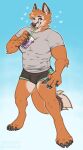  &lt;3 anthro beverage bubble_tea bulge canid canine claws clothed clothing dipstick_tail drinking drinking_straw fox fur hi_res inner_ear_fluff male mammal markings one_eye_closed orange_body orange_fur pupbii shirt solo standing t-shirt tail tail_markings tight_clothing tight_shirt tight_topwear tongue tongue_out topwear tuft underwear 