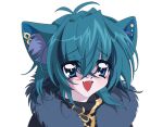  1boy 2000s_(style) animal_ear_fluff animal_ears bangs black_jacket blue_eyes blue_hair blue_scarf cat_ears charles_caitou commentary fang fur_scarf hair_between_eyes jacket luanjro male_focus metanoia_live open_mouth portrait scarf skin_fang smile solo symbol-only_commentary transparent_background virtual_youtuber 