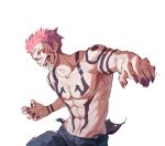  1boy abs black_nails black_plume body_markings collarbone extra_eyes facial_mark fangs fingernails highres jujutsu_kaisen looking_at_viewer muscular muscular_male open_mouth pink_hair red_eyes ryoumen_sukuna_(jujutsu_kaisen) sharp_fingernails short_hair simple_background smile solo topless_male upper_body white_background 