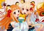  2girls animal animal_ears aqua_sleeves bangs bell blonde_hair blue_dress blunt_bangs brown_eyes commentary detached_sleeves dress fang flower folding_fan futaba_anzu hair_flower hair_ornament hair_tie hand_fan highres holding holding_animal holding_fan holding_mallet ichihara_nina idolmaster idolmaster_cinderella_girls japanese_clothes jingle_bell long_hair looking_at_viewer mallet multiple_girls new_year open_mouth orange_eyes orange_hair print_sleeves rino_cnc skin_fang sleeveless sleeveless_dress smile tiger tiger_ears very_long_hair 