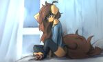  anthro apogee_(tinygaypirate) arm_markings arm_tattoo arm_tuft bed big_tail black_nails black_nose black_pawpads blue_background blurred_background bottomless breasts brown_body brown_eyes brown_fur brown_hair butt canid canine canis clothed clothing colored_nails cowlick crossed_legs digitigrade domestic_dog ear_piercing eyebrow_through_hair eyebrows facial_markings facial_piercing facial_tattoo female floppy_ears fur furgonomics furniture furry-specific_piercing hair hair_over_eye head_markings hi_res leg_warmers legwear long_hair looking_at_viewer mammal markings messy_hair mottled mottled_nose mottled_pawpads muzzle_piercing nails nose_piercing off_shoulder one_eye_obstructed pawpads piercing pillow pink_nose pink_pawpads shadow shirt simple_background sitting slim small_breasts solo spitz tail tattoo tinygaypirate topwear translucent translucent_hair tuft 