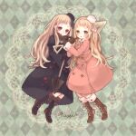  2girls argyle argyle_background asahi_(pamuko) axis_powers_hetalia bangs blonde_hair blush boots brown_eyes character_name coat_dress dark_persona dress dual_persona full_body fur-trimmed_boots fur-trimmed_sleeves fur_collar fur_trim genderswap genderswap_(mtf) grin hat highres holding holding_shovel long_hair long_sleeves mini_hat mittens multiple_girls neck_ribbon pom_pom_(clothes) red_eyes ribbon russia_(hetalia) short_eyebrows shovel smile thick_eyebrows very_long_hair 