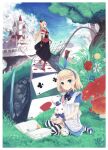  1boy 2girls absurdres alice_(alice_in_wonderland) alice_in_wonderland animal bangs blonde_hair blue_eyes blush book boots bow bridal_gauntlets bridge cane card castle cliff clock club_(shape) crown day diamond_(shape) dodo_(bird) dress elbow_gloves fence flower frilled_dress frills gears gloves grass hair_bow hairband hat heart high_heel_boots high_heels highres holding holding_animal long_hair mad_hatter_(alice_in_wonderland) mary_janes mini_crown multiple_girls mushroom neck_ribbon on_grass open_book outdoors oversized_object pinafore_dress playing_card pocket_watch ponytail queen_of_hearts_(alice_in_wonderland) rabbit ribbon shadow2810 shoes short_hair short_sleeves sitting sky smile spade_(shape) striped striped_gloves striped_thighhighs table thighhighs top_hat tree very_long_hair wariza watch water waterfall white_rabbit_(alice_in_wonderland) 