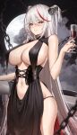  1girl absurdres aegir_(azur_lane) azur_lane bangs bare_arms bare_shoulders black_dress black_panties blurry blurry_foreground blush breast_curtains breasts center_opening chain cleavage commentary_request covered_nipples cowboy_shot cross cross-laced_clothes cup depth_of_field dragon_girl dragon_horns dress drink hair_between_eyes hair_on_horn hand_up highres holding holding_cup holding_drink horns iron_cross large_breasts long_hair looking_at_viewer multicolored_hair nail_polish panties panty_straps parted_lips red_hair red_nails red_wine revealing_clothes samart_normal side_slit sidelocks solo streaked_hair string_panties thighs turtleneck underwear very_long_hair white_hair yellow_eyes 