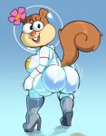  anthro big_breasts big_butt black_eyes boots breasts buckteeth butt clothing diving_suit female flower footwear hi_res high_heeled_boots high_heels looking_at_viewer looking_back mammal multicolored_body nickelodeon open_mouth plant rodent sandy_cheeks sciurid solo somescrub spongebob_squarepants teeth thick_thighs tree_squirrel twerking two_tone_body 