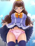  1girl :o amanogawa_kirara bangs blue_shirt blue_sky blue_thighhighs bow bow_panties bowtie brown_hair cameltoe clothes_lift cloud cloudy_sky commentary_request cowboy_shot crotch_seam day dress_shirt frilled_panties frilled_skirt frills go!_princess_precure hair_ribbon hanzou highres juliet_sleeves lace-trimmed_panties lace_trim lifted_by_self long_hair long_sleeves looking_at_viewer miniskirt noble_academy_school_uniform open_mouth orange_bow orange_bowtie outdoors panties partial_commentary pleated_skirt precure puffy_sleeves purple_eyes railing ribbon school_uniform shirt skirt sky solo standing star_ornament suspender_skirt suspenders thighhighs twitter_username underwear wavy_hair white_skirt yellow_ribbon 