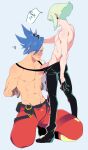  2boys abs arms_behind_back belt belt_pouch black_belt black_gloves black_pants blue_eyes blue_hair blush boots bound bound_arms collarbone domination english_text erection flying_sweatdrops full_body galo_thymos gloves green_hair groin hair_behind_ear hand_in_another&#039;s_hair kukumomo lio_fotia looking_at_penis male_focus multiple_boys navel nervous_sweating nipples open_pants pants parted_lips pectorals penis pouch promare red_pants short_hair simple_background speech_bubble standing sweat toned toned_male topless_male white_background yaoi 