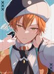  1boy :&lt; arm_behind_head arm_up ascot black_ascot blonde_hair closed_mouth commentary_request dot_nose double-parted_bangs grid_background hat high_collar highres layered_clothes looking_at_viewer male_focus multicolored_hair official_alternate_costume open_clothes open_shirt orange_hair orange_shirt project_sekai shinonome_akito shirt solo streaked_hair twitter_username umemori_mai upper_body whale_hat yellow_eyes 