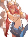  1girl blue_eyes breasts closed_mouth dancing detached_sleeves distr genshin_impact hands_up highres horns long_hair long_sleeves looking_at_viewer navel nilou_(genshin_impact) red_hair simple_background small_breasts smile solo veil white_background 