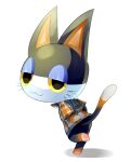  1boy :3 animal_crossing animal_ears animal_feet arms_behind_back barefoot black_eyes bottomless cat_boy cat_ears cat_tail closed_mouth colored_sclera commentary feet full_body furry furry_male half-closed_eyes happy highres jaibus leg_up looking_at_viewer looking_back male_focus multicolored_shirt own_hands_together pawpads plaid plaid_shirt punchy_(animal_crossing) shirt short_sleeves simple_background smile solo standing standing_on_one_leg tail tail_raised whiskers white_background yellow_sclera 