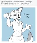  2023 anthro ask_blog canid canine canis clothed clothing digital_media_(artwork) disembodied_hand duo enginetrap english_text fully_clothed fur head_pat head_tuft hi_res jackal mammal one_eye_closed syl_(enginetrap) text tuft 