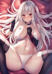  1girl asymmetrical_gloves bare_shoulders black_gloves black_thighhighs blush breasts elbow_gloves gloves grey_hair hair_ornament hair_ribbon highres large_breasts liya long_hair lying navel on_back original panties parted_lips red_eyes red_ribbon ribbon side_ponytail sideboob solo spread_legs stomach thighhighs thighs underwear uneven_gloves white_panties 