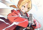  1boy absurdres alchemy automail belt black_jacket blonde_hair braid braided_ponytail brown_belt coat edward_elric fullmetal_alchemist gradient_background hanten_(hantennano) highres jacket prosthesis prosthetic_arm red_coat smile yellow_eyes 