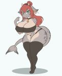  anthro big_butt bikini butt chubby_female clothing female fish flat_colors full-length_portrait hair hi_res horn horned_humanoid humanoid legwear lingerie looking_at_viewer marine markings miss_ver0 nipple_outline piercing portrait red_hair shark shark_tail slightly_chubby smile smirk solo stockings swimwear thick_thighs wide_hips 