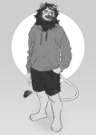  2020 absurd_res anthro azuza barefoot beard bottomwear clothed clothing dated eyewear facial_hair feet felid front_view full-length_portrait glasses glistening glistening_eyes greyscale grin hand_in_pocket hi_res hoodie lion looking_at_viewer male mammal mane monochrome mustache pantherine pants pockets portrait shorts simple_background smile solo square_glasses standing teeth topwear 