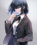  1girl black_hair black_jacket black_nails black_ribbon blue_eyes blue_hair cigarette collared_shirt colored_inner_hair commentary_request hand_in_pocket jacket multicolored_hair musshu_(omu001) neck_ribbon open_clothes open_jacket original pleated_skirt ribbon shirt shirt_tucked_in short_hair skirt smoking solo white_shirt 