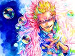  1boy air_bubble arm_up blonde_hair blue_background blue_shirt bubble coat collared_shirt donquixote_doflamingo feather_coat looking_at_viewer mawari28 multicolored_clothes necktie one_piece pink_coat pink_necktie shirt short_hair smile sunglasses traditional_media upper_body white-framed_eyewear 
