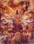  6+girls absurdly_long_hair all_fours bearded_dragon black_claws black_horns blonde_hair breasts brown_hair closed_mouth crawling crossed_legs dark-skinned_female dark_skin dotswap dragon dress eastern_dragon eastern_dragon_horns eastern_dragon_tail expressionless extra_eyes falling_petals floating_hair glowing glowing_eyes gradient_clothes gradient_dress greco-roman_clothes halo hand_on_own_chest hands_on_ground horns inset_border kneeling large_breasts long_hair long_tail looking_at_another looking_at_viewer looking_back medium_breasts medium_hair multiple_girls on_stairs original outside_border outstretched_arm petals pink_dress purple_dress purple_loincloth reaching reaching_towards_another red_hair red_scales revealing_clothes self_hug sharp_teeth short_hair sitting sitting_on_stairs spiked_halo stairs standing star_border tail teeth twitter_username very_long_hair white_hair yellow_eyes yokozuwari 