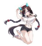  1girl animal_ears beret black_shorts braid brown_hair ear_covers flip-flops gaze_on_me!_outfit_(umamusume) grey_scrunchie hat highres hokko_tarumae_(umamusume) horse_ears horse_girl horse_tail legs_up long_hair looking_at_viewer multicolored_hair navel official_alternate_costume oguri_(oguri_yuta) purple_eyes sailor_hat sandals scrunchie shirt shorts simple_background solo t-shirt tail tied_shirt twin_braids umamusume white_background white_footwear white_headwear white_shirt wrist_scrunchie 