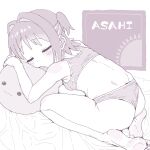  1girl ass bare_arms bare_legs bare_shoulders barefoot bed_sheet bra breasts character_name closed_eyes commentary_request dimples_of_venus dot_nose fang feet full_body greyscale hair_intakes highres kneeling leaning_forward matado_(almukha) monochrome oka_asahi onii-chan_wa_oshimai! open_mouth panties pillow short_hair sleeping small_breasts soles solo training_bra two_side_up underwear underwear_only 