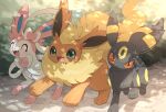  ambiguous_gender black_body black_ears black_nose black_paws black_tail blue_inner_ear bow_(feature) colored digital_media_(artwork) digital_painting_(artwork) eeveelution eyes_closed feelers feral flareon fluffy fluffy_tail fur fur_tuft generation_1_pokemon generation_2_pokemon generation_6_pokemon glistening glistening_eyes group happy makotoo markings multicolored_body multicolored_tail nintendo open_mouth open_smile orange_body orange_ears orange_fur orange_paws pink_ears pink_paws pokemon pokemon_(species) quadruped red_eyes ribbons_(anatomy) ring shadow sharp_teeth side_by_side signature smile sylveon tail teeth tongue trio tuft umbreon white_body yellow_body yellow_fur yellow_markings yellow_tail 