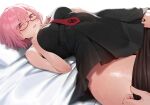  1girl 1other absurdres bed_sheet black_dress blush breasts clothes_pull dress fate/grand_order fate_(series) glasses hands_on_own_chest highres lying mash_kyrielight medium_breasts necktie on_back open_mouth out_of_frame pantyhose pantyhose_pull pillow pink_hair pulled_by_another purple_eyes raised_eyebrows red_necktie rororo short_dress short_hair solo_focus taut_clothes thighs undressing_another 