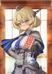  1girl blonde_hair blue_eyes blue_necktie blush braid breasts capelet censored coffee_mug colorado_(kancolle) cup dress elbow_gloves garrison_cap gloves hat headgear highres holding holding_cup kantai_collection large_breasts mug nazono_neko necktie open_mouth pantyhose print_mug shirt short_hair side_braids sleeveless solo white_shirt 
