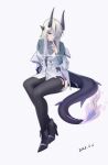  1girl absurdres alter_kamerade ankle_boots aqua_eyes arknights black_boots black_horns black_tail black_thighhighs boots chinese_commentary commentary_request dated diffraction_spikes eblana_(arknights) finger_to_mouth fire flame-tipped_tail full_body grey_background grey_hair hair_over_one_eye high_heel_boots high_heels highres horns invisible_chair long_hair long_sleeves one_eye_covered purple_fire shushing simple_background sitting solo tail thighhighs torn_clothes torn_thighhighs 