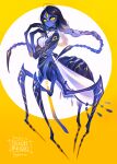  1girl arachne arthropod_girl blue_hair blue_skin braid breasts claws colored_skin commentary_request extra_eyes extra_pupils full_body highres hogara long_hair looking_at_viewer medium_breasts monster_girl original solo spider_girl taur third_eye twin_braids very_long_hair yellow_background yellow_eyes 