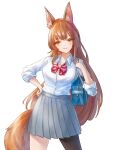  1girl alternate_costume animal_ear_fluff animal_ears arknights bag blush bow bowtie brown_hair closed_mouth collared_shirt cowboy_shot fox_ears fox_girl fox_tail franka_(arknights) garvini grey_skirt hand_on_hip highres long_hair long_sleeves pleated_skirt red_bow red_bowtie school_bag school_uniform shirt simple_background single_leg_pantyhose skirt smile solo tail very_long_hair white_background white_shirt yellow_eyes 