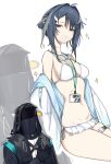  1girl 1other ahoge arknights bangs bikini black_eyes black_hair breasts clutching_chest commentary doctor_(arknights) goggles goggles_around_neck groin hair_intakes highres id_card jacket la_pluma_(arknights) la_pluma_(summer_flowers)_(arknights) lanyard light_smile looking_at_viewer medium_breasts navel open_clothes open_jacket short_hair signal_1120 simple_background sitting sparkle sweat swimsuit thigh_strap white_background white_bikini zoom_layer 