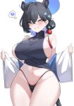  1girl absurdres ahoge animal_ears bare_shoulders black_dress black_panties blue_archive blue_halo breasts china_dress chinese_clothes clothing_aside colored_inner_hair cowboy_shot crossed_bangs dress extra_ears eyeliner hair_bun hair_ornament halo heart highres kaguya_(blue_archive) kurochomo large_breasts makeup mandarin_collar multicolored_hair navel panther_ears panther_girl panther_tail panties pelvic_curtain pelvic_curtain_aside red_eyeliner sideboob single_hair_bun sleeveless_turtleneck_dress smile solo spoken_heart tail tassel tassel_hair_ornament thong underwear white_background wide_sleeves 