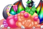 animal_genitalia anthro anthro_pred areola balls belly big_balls big_belly big_breasts blush bone breasts fatal_vore fur genitals hand_on_belly hi_res hyper intersex intersex_pred lying_on_ground machine mammal mass_vore membrane_(anatomy) membranous_wings multicolored_body multicolored_fur multiple_prey nipples nude on_ground protogen rainbow_body rainbow_fur screen screen_face sheath simple_background skull smile sokoyo_owo solo sparklefur tail vore willing_prey wings